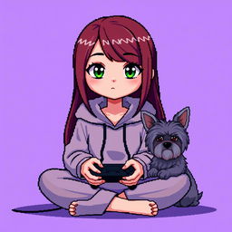 A pixel art character of a girl gamer with a round face, smooth features, and larger, darker green eyes