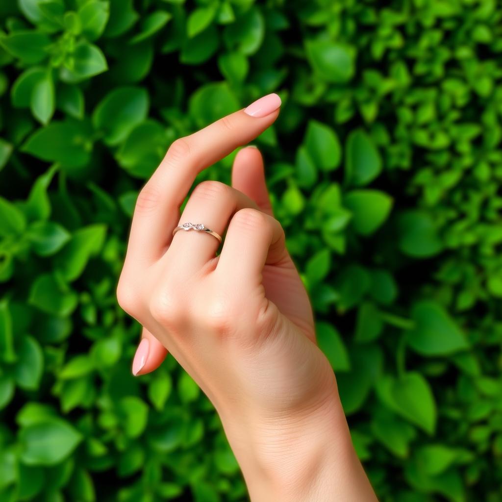 A close-up of a beautiful girl's hand, elegantly placed against a vibrant green background