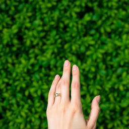 A close-up of a beautiful girl's hand, elegantly placed against a vibrant green background