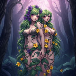 A captivating gothic anime-style illustration showcasing two stunning plant girls in a dark magical forest