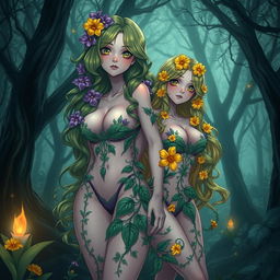 A captivating gothic anime-style illustration showcasing two stunning plant girls in a dark magical forest