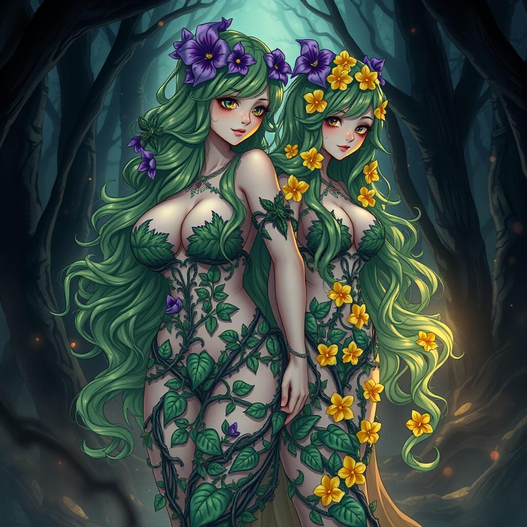 A captivating gothic anime-style illustration showcasing two stunning plant girls in a dark magical forest