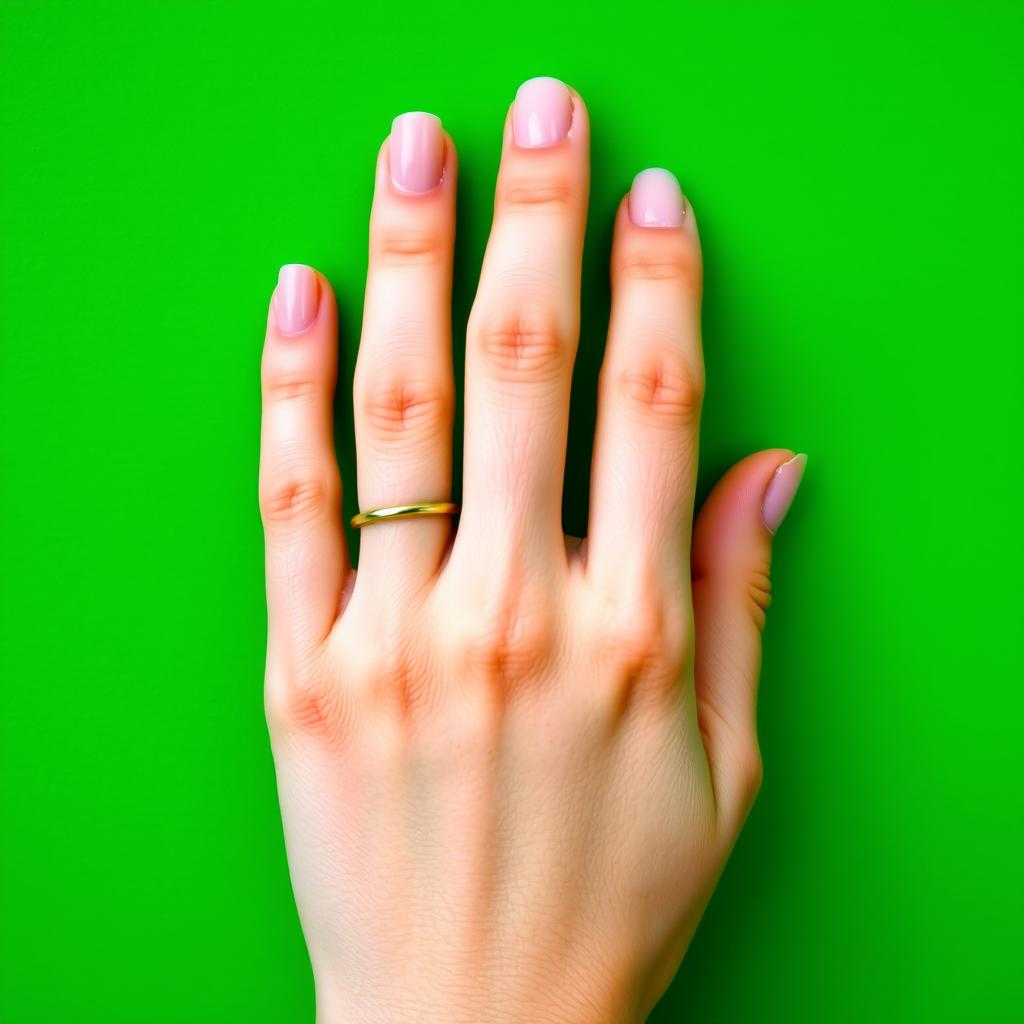 A stunning close-up of a beautiful girl's hand, elegantly positioned against a vibrant green background