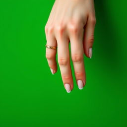 A stunning close-up of a beautiful girl's hand, elegantly positioned against a vibrant green background
