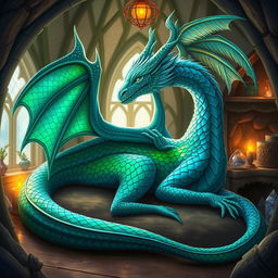 A majestic and beautiful female dragon with glimmering vibrant scales of emerald green and sapphire blue, resting gracefully in her cozy, magical home