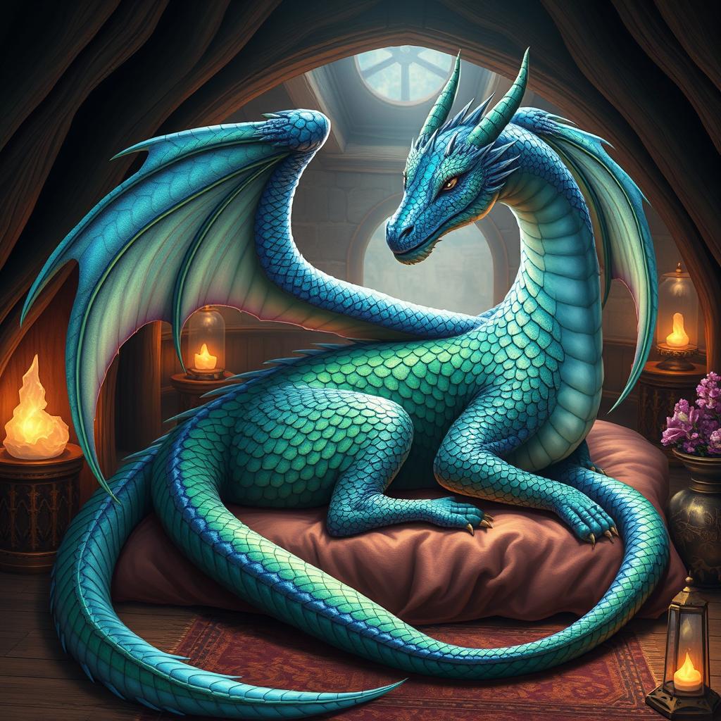 A majestic and beautiful female dragon with glimmering vibrant scales of emerald green and sapphire blue, resting gracefully in her cozy, magical home