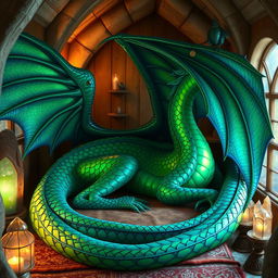A majestic and beautiful female dragon with glimmering vibrant scales of emerald green and sapphire blue, resting gracefully in her cozy, magical home