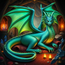 A majestic and beautiful female dragon with glimmering vibrant scales of emerald green and sapphire blue, resting gracefully in her cozy, magical home