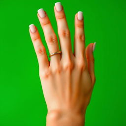 A close-up of a beautiful girl's hand, gracefully displayed against a vibrant green background
