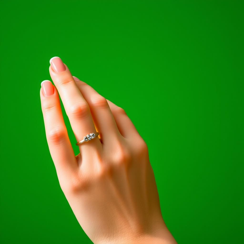 A close-up of a beautiful girl's hand, gracefully displayed against a vibrant green background