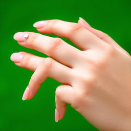 A close-up of a beautiful girl's hand, softly resting against a vibrant green background