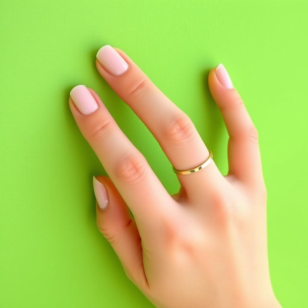 A close-up of a beautiful girl's hand, softly resting against a vibrant green background