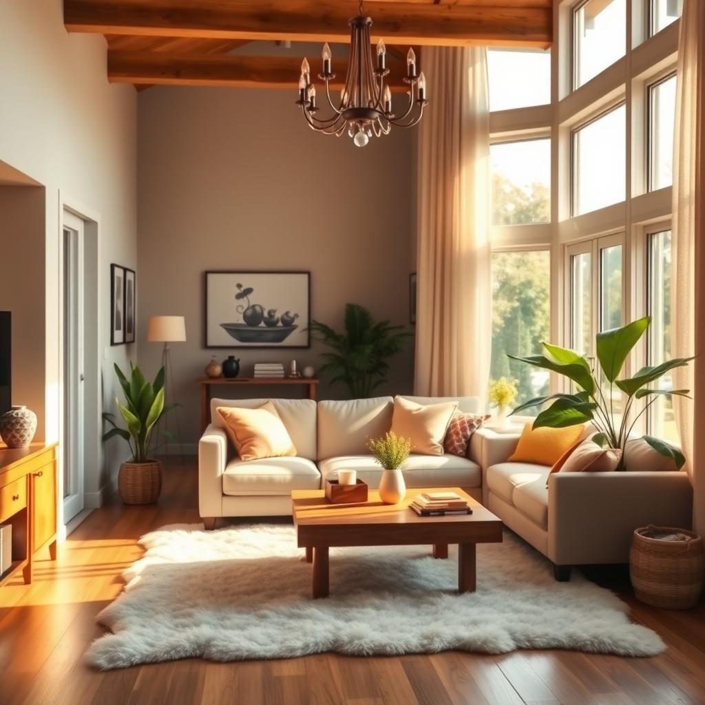 A cozy and inviting home interior, showcasing a modern living room with soft, warm lighting