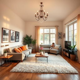 A cozy and inviting home interior, showcasing a modern living room with soft, warm lighting