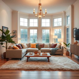A cozy and inviting home interior, showcasing a modern living room with soft, warm lighting