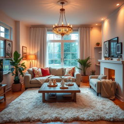 A cozy and inviting home interior, showcasing a modern living room with soft, warm lighting