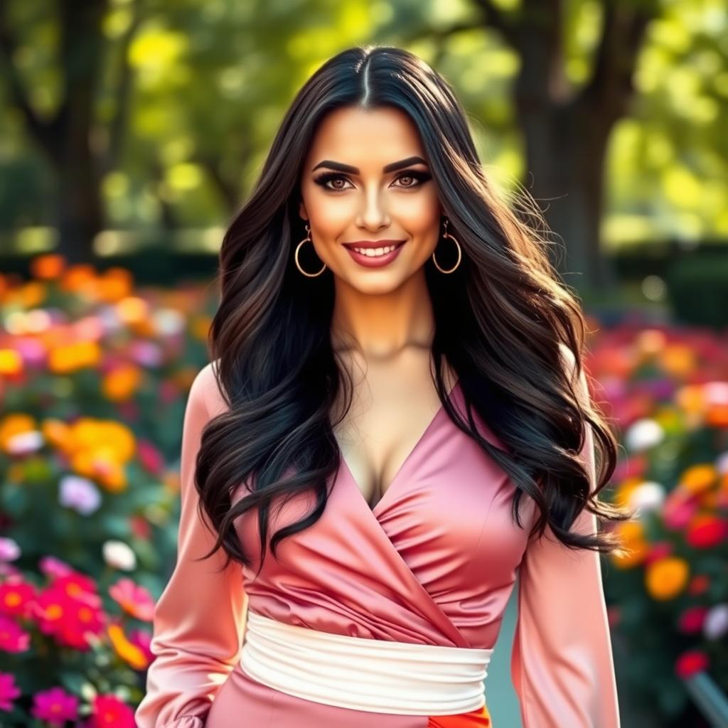 A striking portrait of a fashionable woman with elegant features, standing confidently outdoors