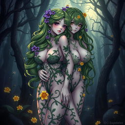 A stunning gothic anime-style illustration showcasing two captivating plant girls in a dark magical forest