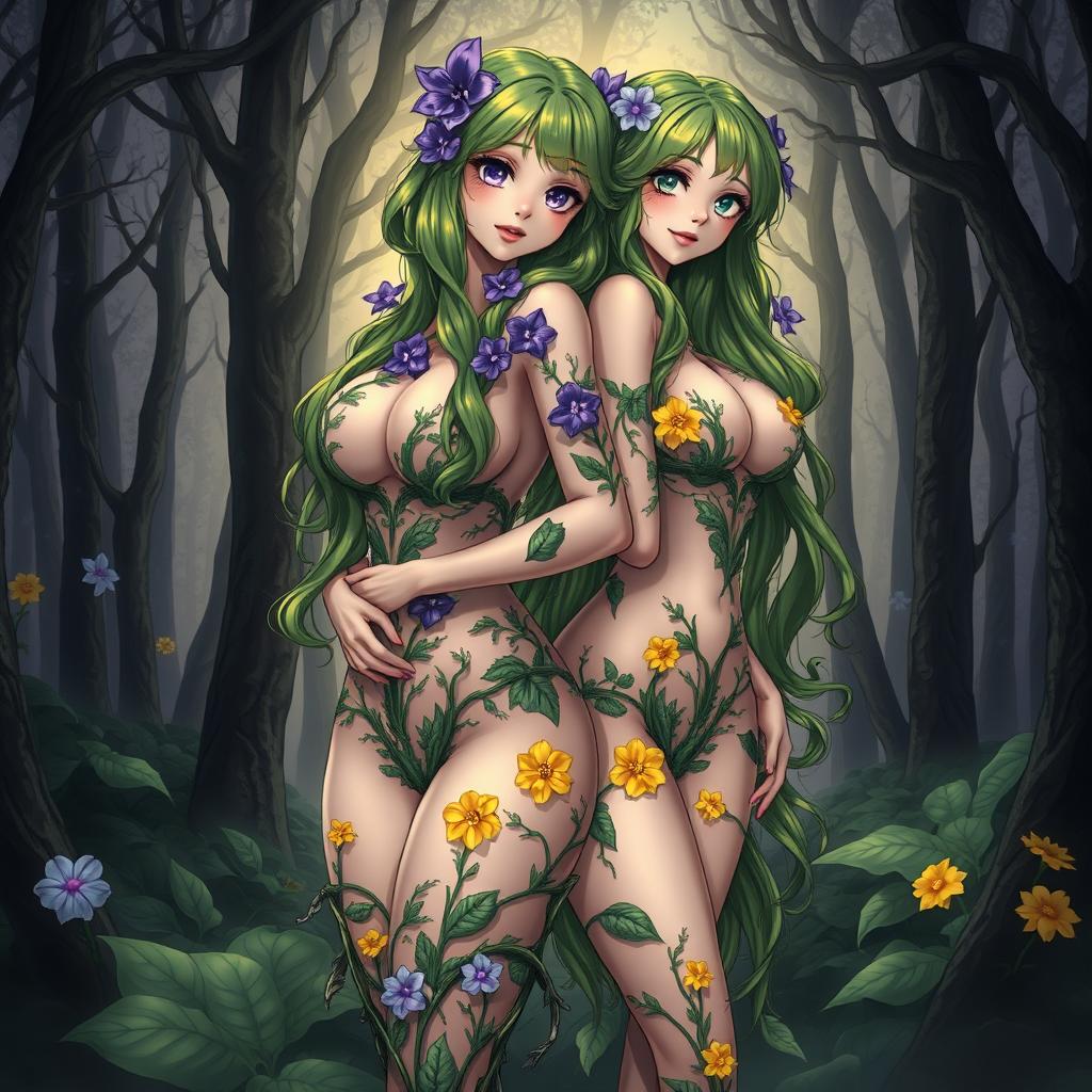 A stunning gothic anime-style illustration showcasing two captivating plant girls in a dark magical forest