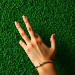 A close-up artistic depiction of a girl's hand against a vibrant green background
