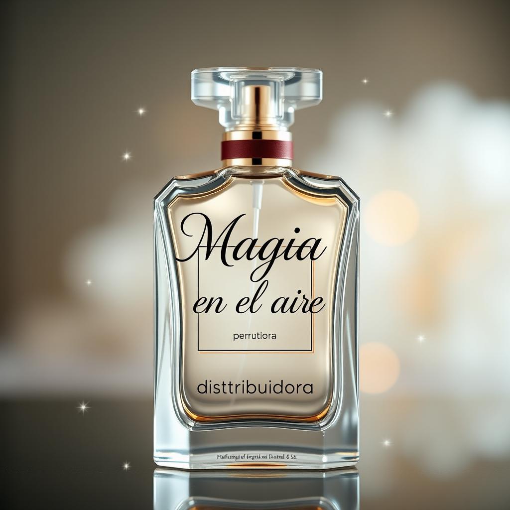 A beautifully designed perfume bottle elegantly labeled with the words 'Magia en el aire' in an enchanting, flowing script