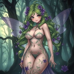 A captivating gothic anime illustration of a unique character that blends features of both a plant girl and a fairy