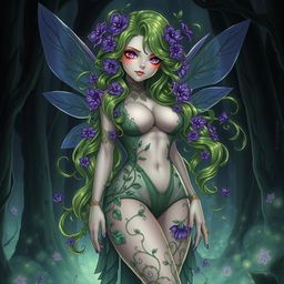 A captivating gothic anime illustration of a unique character that blends features of both a plant girl and a fairy