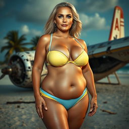 A realistic full-body image of a mature woman, around 50 years old, with long blonde hair and cyan eyes