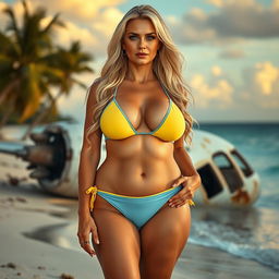 A realistic full-body image of a mature woman, around 50 years old, with long blonde hair and cyan eyes