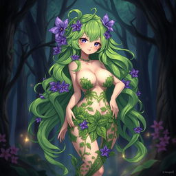 An enchanting anime illustration of a plant girl with long, wavy green hair adorned with striking purple flowers