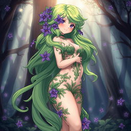 An enchanting anime illustration of a plant girl with long, wavy green hair adorned with striking purple flowers