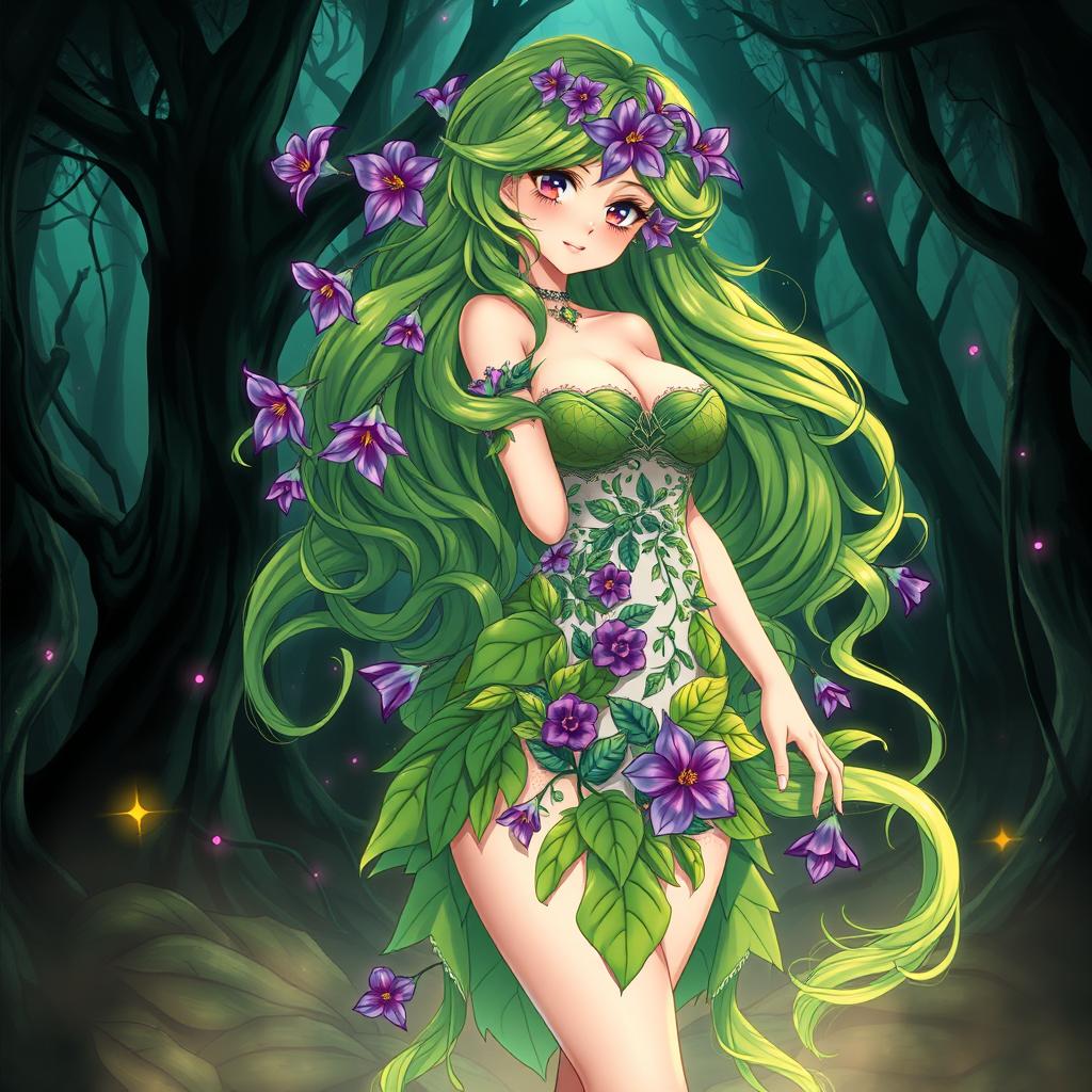 An enchanting anime illustration of a plant girl with long, wavy green hair adorned with striking purple flowers
