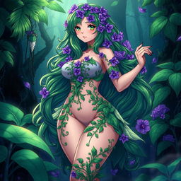 An alluring anime illustration of a plant girl with long, wavy green hair beautifully decorated with vibrant purple flowers