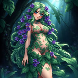 An alluring anime illustration of a plant girl with long, wavy green hair beautifully decorated with vibrant purple flowers