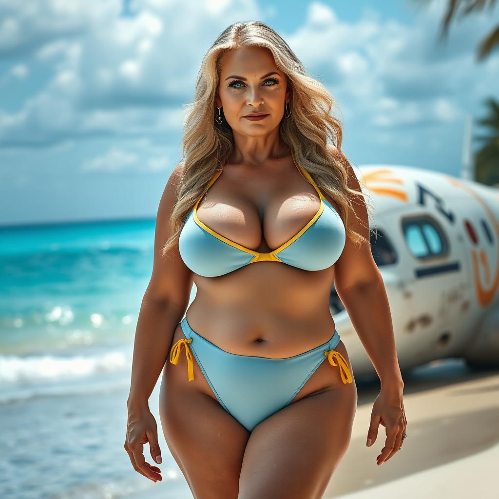 A realistic full-body image of a mature woman, approximately 45 years old, with long blonde hair and cyan eyes