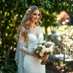 A radiant bride standing in a lush garden, wearing a stunning white lace wedding gown adorned with intricate embroidery