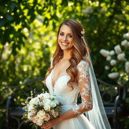 A radiant bride standing in a lush garden, wearing a stunning white lace wedding gown adorned with intricate embroidery