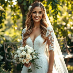 A radiant bride standing in a lush garden, wearing a stunning white lace wedding gown adorned with intricate embroidery