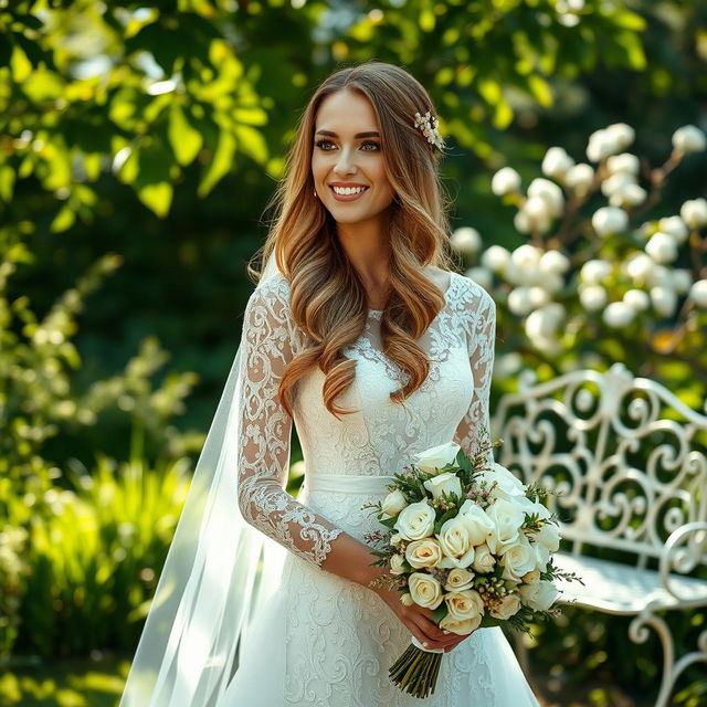 A radiant bride standing in a lush garden, wearing a stunning white lace wedding gown adorned with intricate embroidery