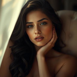 A sensual artistic portrayal of a woman, focusing on soft light and shadows, capturing an intimate and tasteful moment