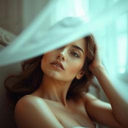 A sensual artistic portrayal of a woman, focusing on soft light and shadows, capturing an intimate and tasteful moment