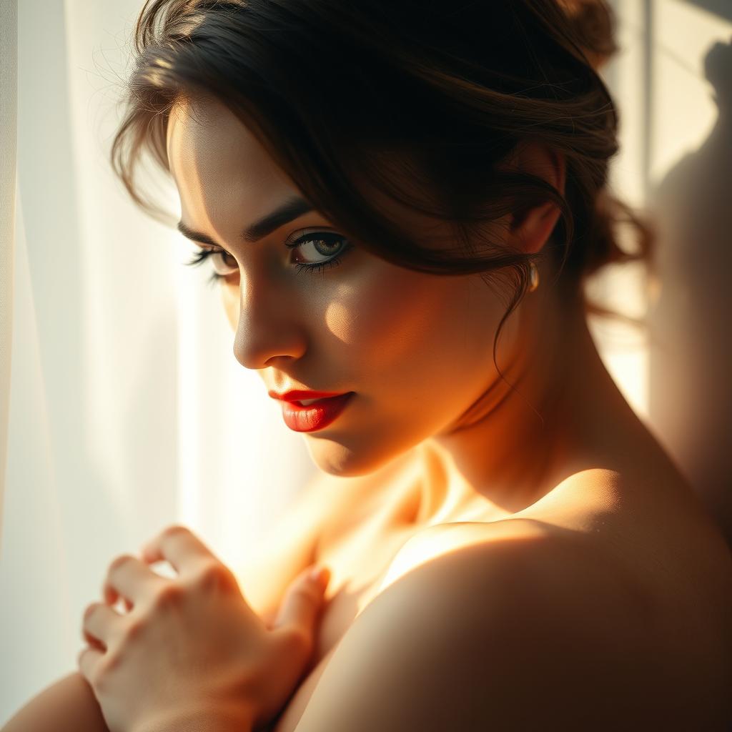 A sensual artistic portrayal of a woman, focusing on soft light and shadows, capturing an intimate and tasteful moment