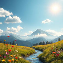 A whimsical and vibrant landscape featuring an enchanting mountain range with a soft, misty atmosphere