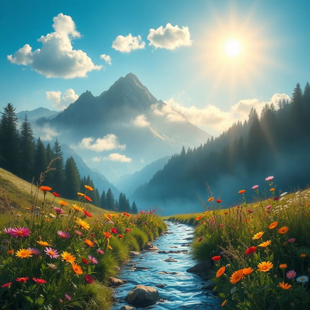 A whimsical and vibrant landscape featuring an enchanting mountain range with a soft, misty atmosphere