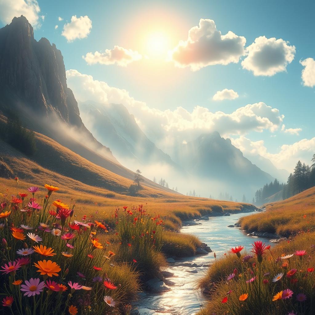 A whimsical and vibrant landscape featuring an enchanting mountain range with a soft, misty atmosphere