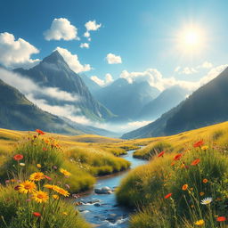 A whimsical and vibrant landscape featuring an enchanting mountain range with a soft, misty atmosphere
