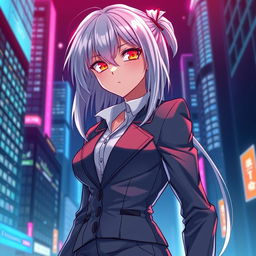 An anime girl with silver hair and red glowing eyes, showcasing a toned figure and tall stature