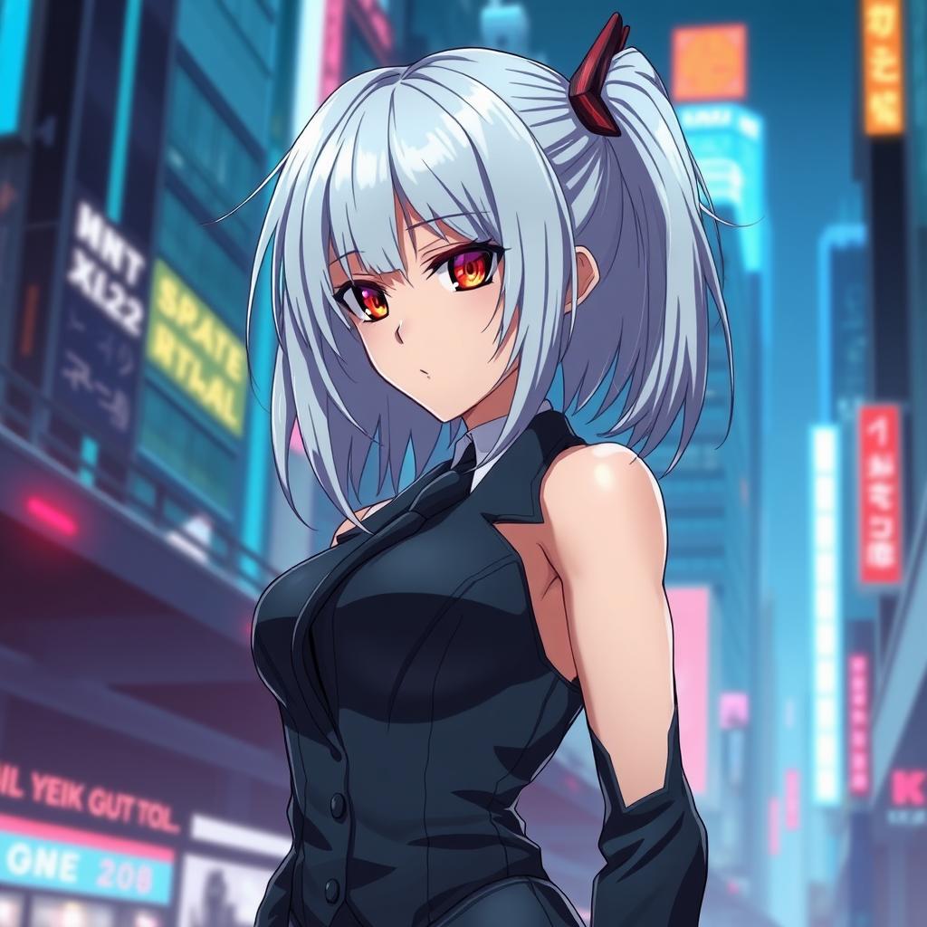 An anime girl with silver hair and red glowing eyes, showcasing a toned figure and tall stature