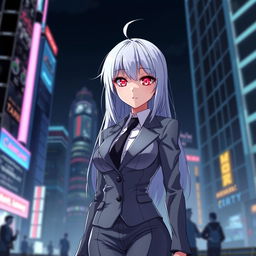 An anime girl with silver hair and red glowing eyes, showcasing a toned figure and tall stature