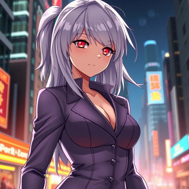 An anime girl with silver hair and red glowing eyes, showcasing a toned figure and tall stature